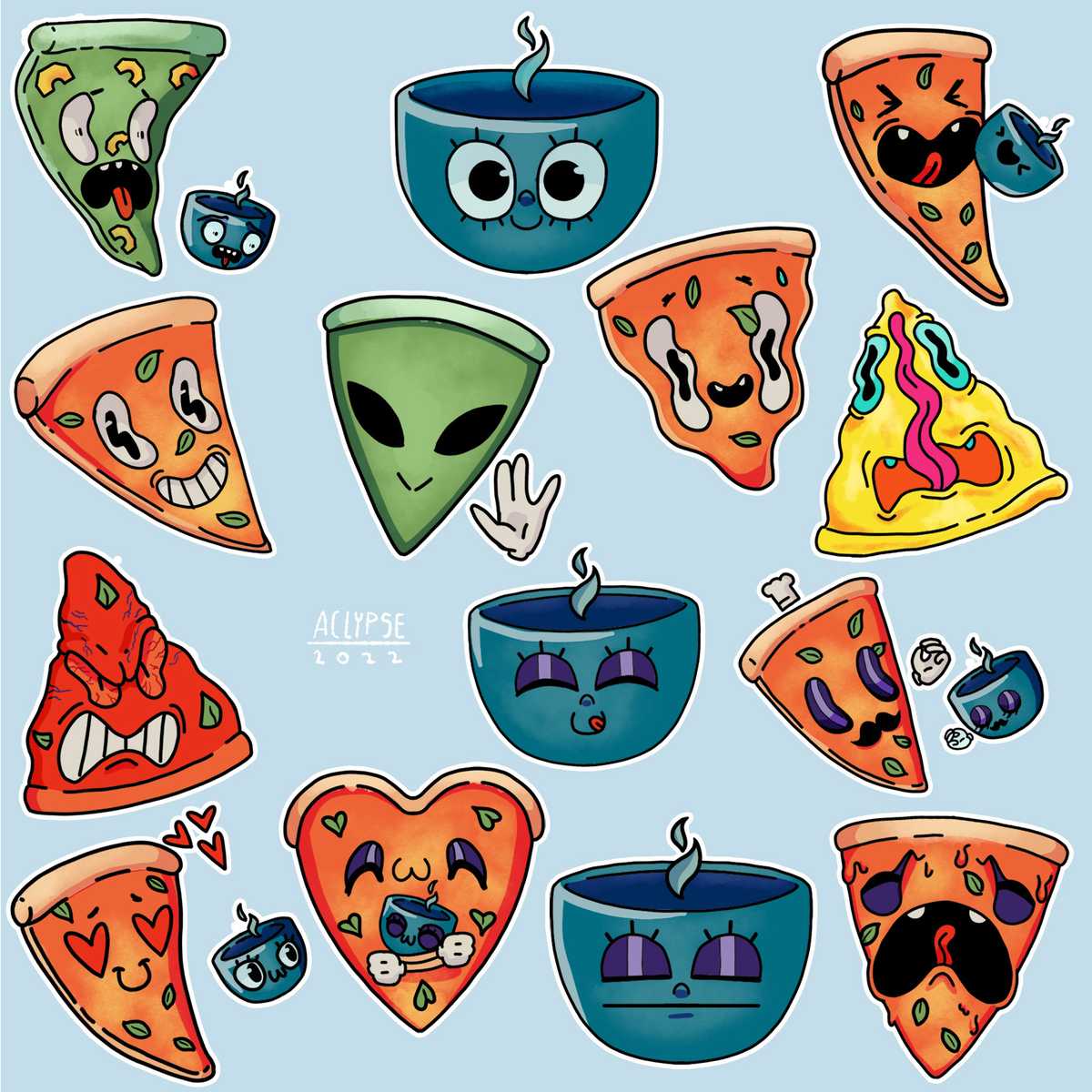 Pizza with coffee stickers